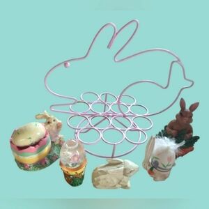 LOT OF ADORABLE VINTAGE EASTER BUNNY FIGURINES & PINK EGG HOLDER ~ HAND-PAINTED